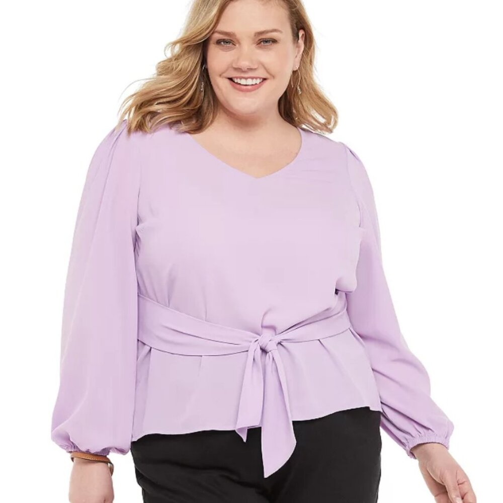 NWT Evri Lilac Purple Tie Waist Long Sleeve Blouse 1X